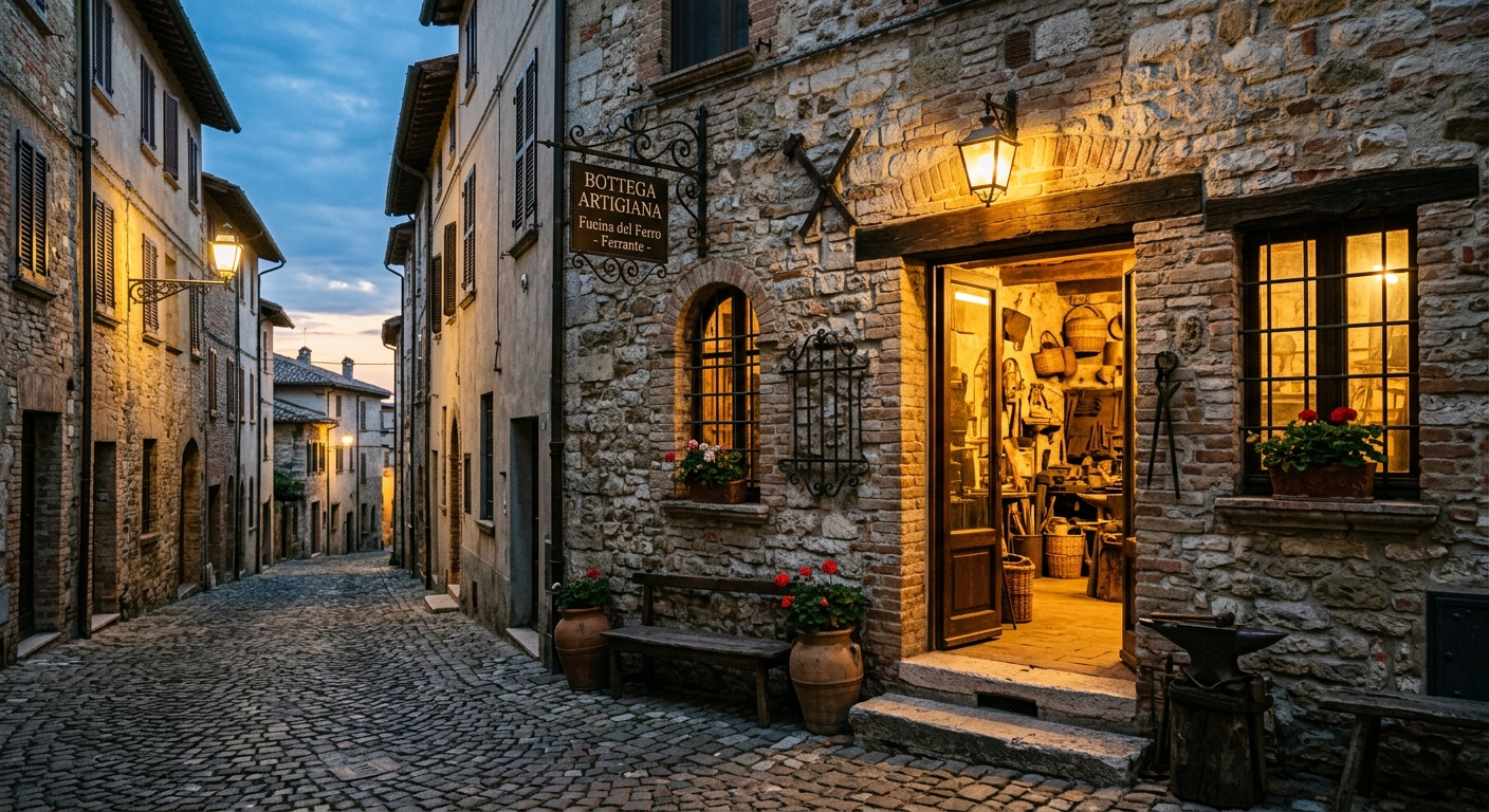 Esterno della bottega al crepuscolo