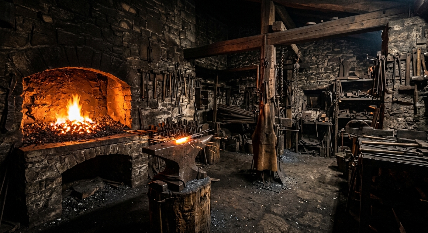 Interno della bottega con forno a carbone